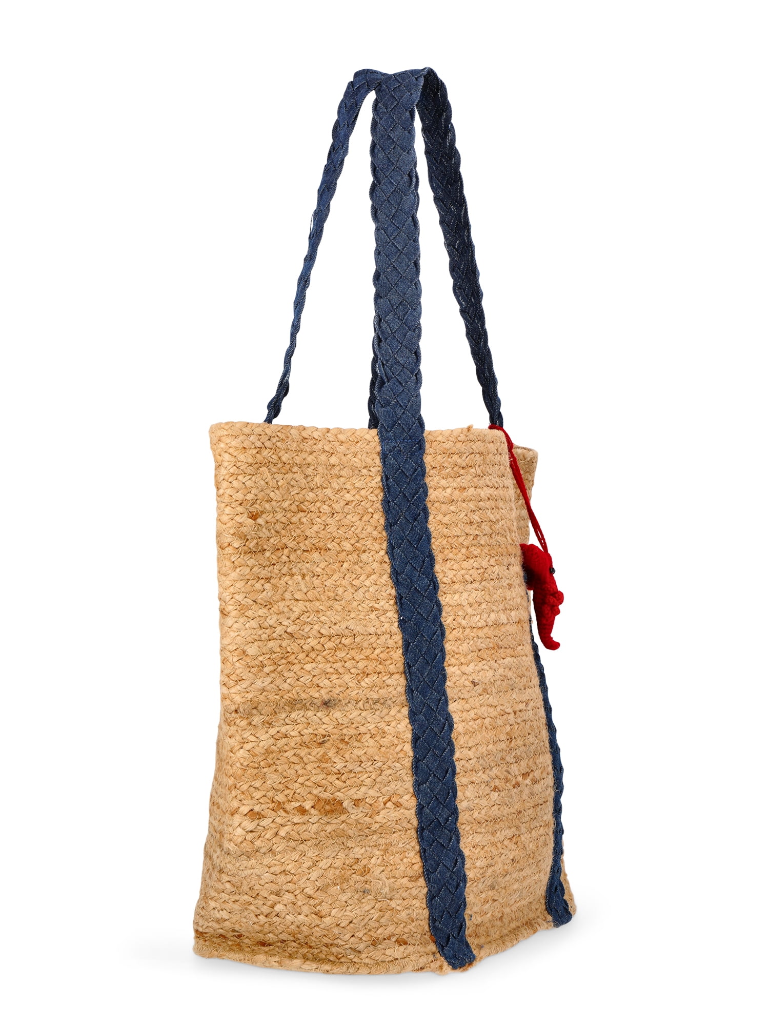 No Boundaries Women's Beach Icons Jute Tote Bag, Natural with Blue Denim