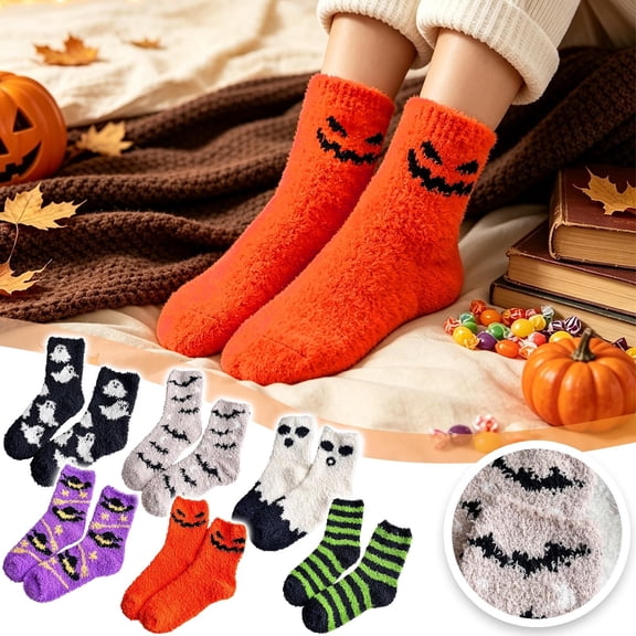 FLORNIX Fuzzy Halloween Crew Socks for Adults, Novelty Spooky Style