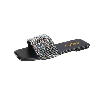 

UKAP Women Sandal Beach Slides Rhinestone Flat Sandals Comfort Summer Shoes Womens Slippers Slip On Casual Black 6.5