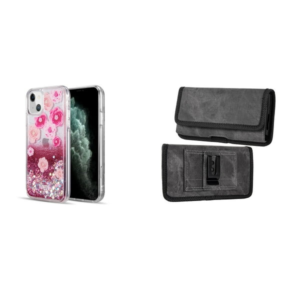 Liquid Glitter Case for iPhone 14 and Belt Holster Pouch (Pink Flowers/Gray)