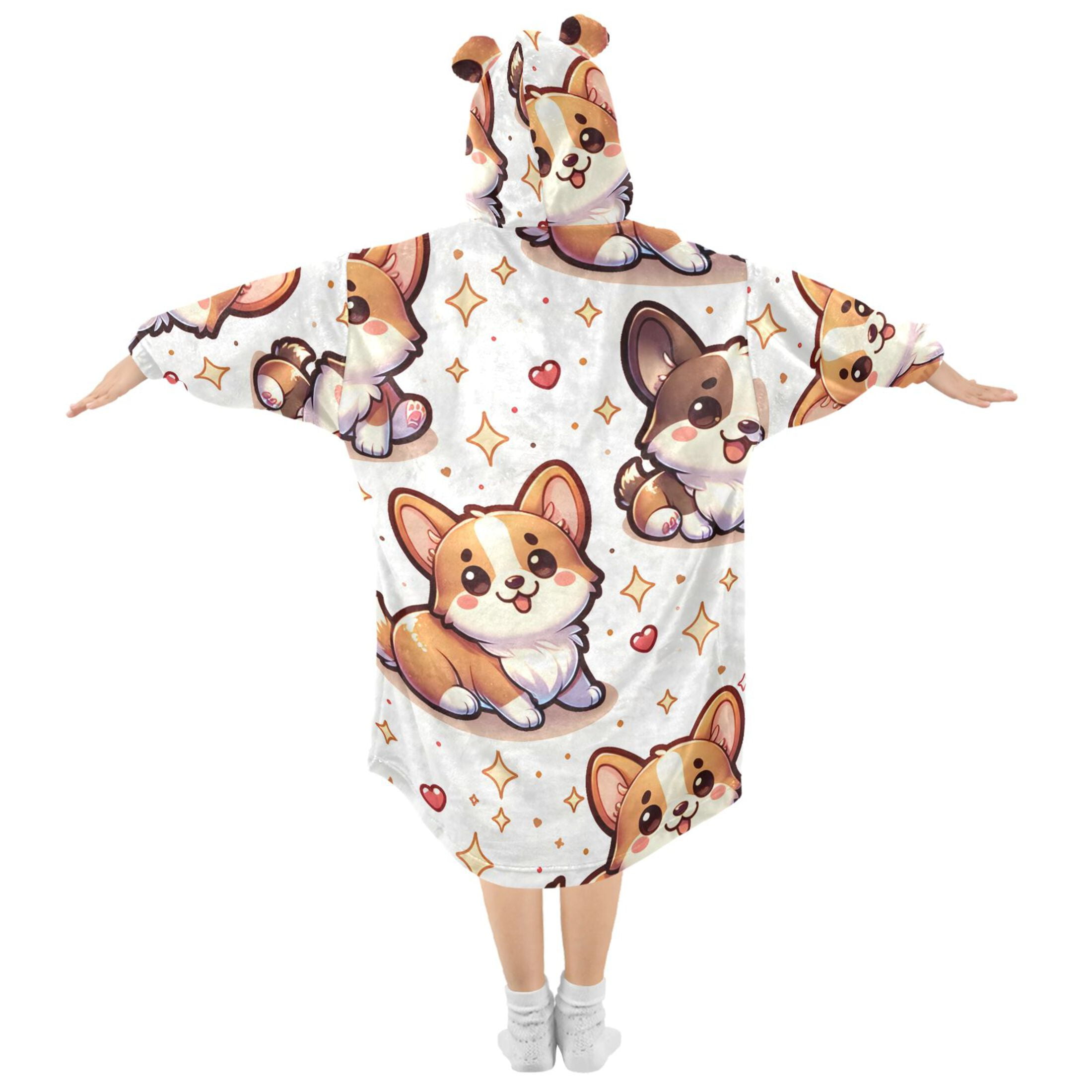 joogoo Wearable Blanket Hoodie for Kids Cute Corgi Dogs Stars Flannel Oversized Sweatshirt 3-14 Years M