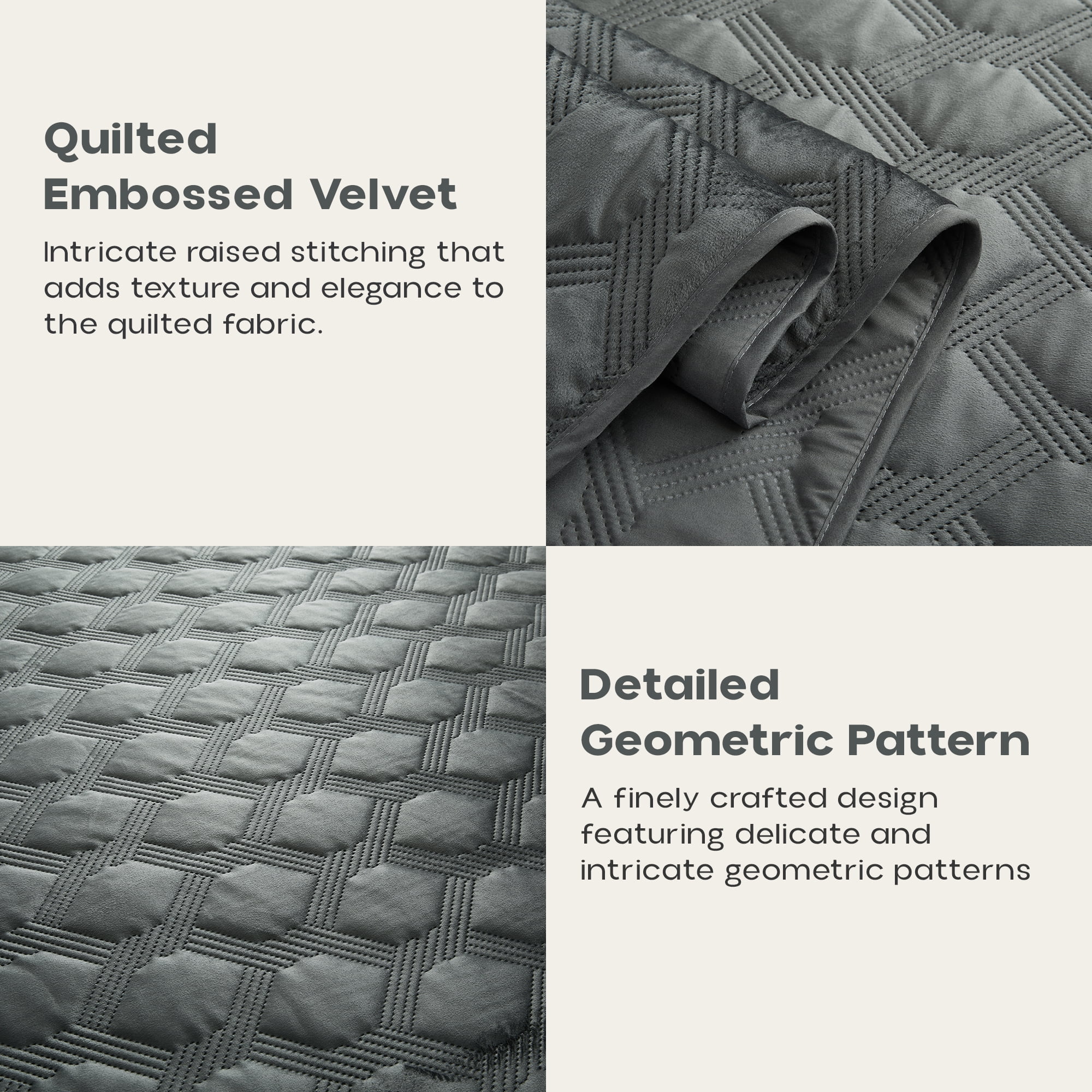 Ameha Velvet Quilt Set 3 Piece Geometric Ultrasonic Embossed Bedspread Reversible 350GSM Soft Microfiber Bedding Grey Full/Queen