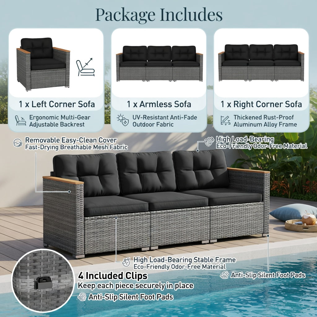 Hommoo 3-Seat PE Rattan Patio Sofa Set with Deep Seating, Removable Cushions & Acacia Wood Frame, Woven Outdoor Loveseat for Deck, Porch, Backyard, Black