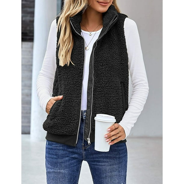 Women Casual Sherpa Fleece Vest Warm Fuzzy Zip Up Vest with  Pockets(Black,XX-Large) 