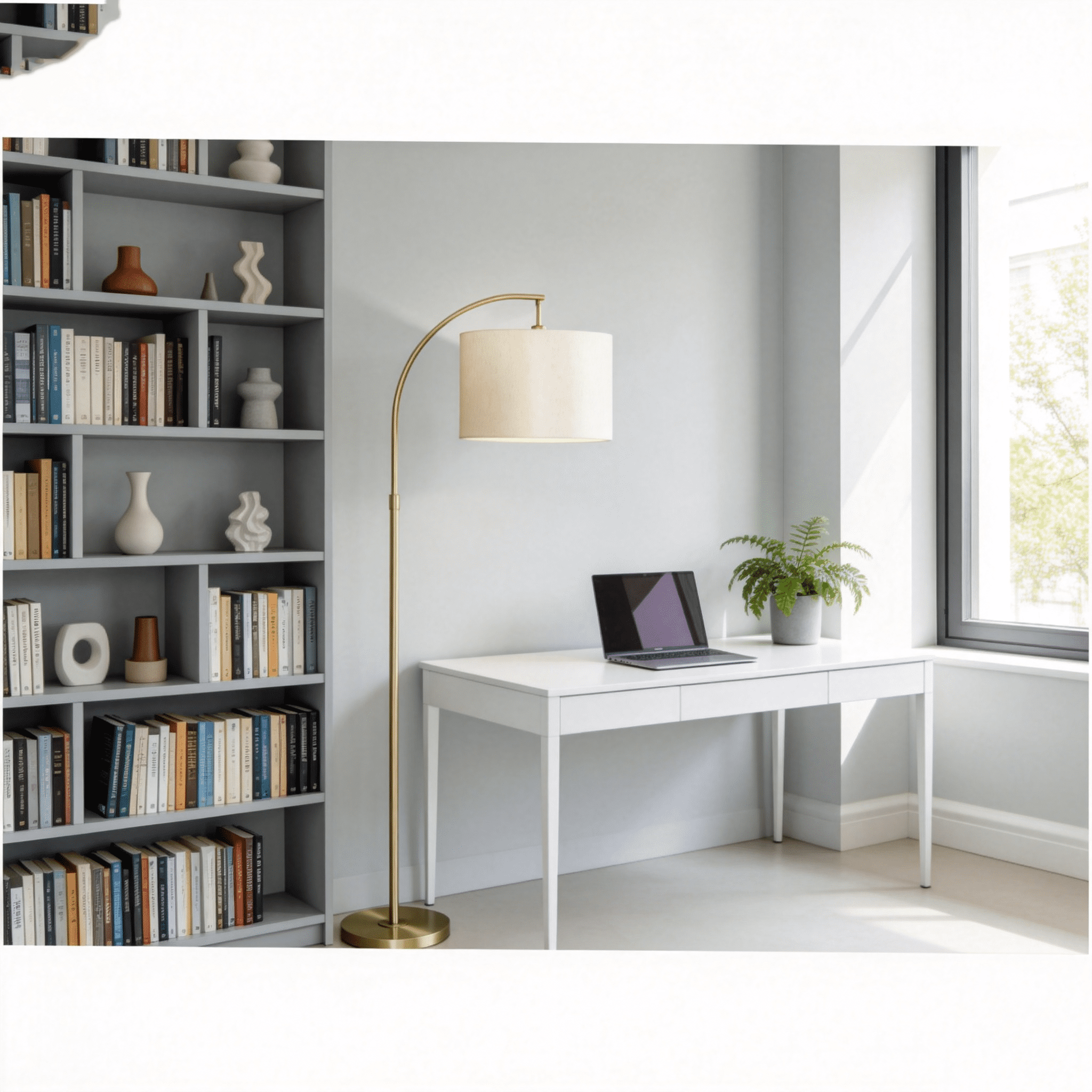 JERFIT Modern Arc Floor Lamp with Drum Shade, Gold Metal Floor Light for Living Room, Bedroom & Office, Adjustable Standing Lamp with On/Off Foot Switch