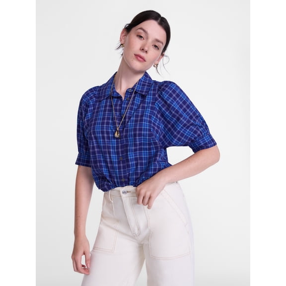 Scenario Women's Button Front Shirt with Puff Sleeves, Sizes XS-XXXL