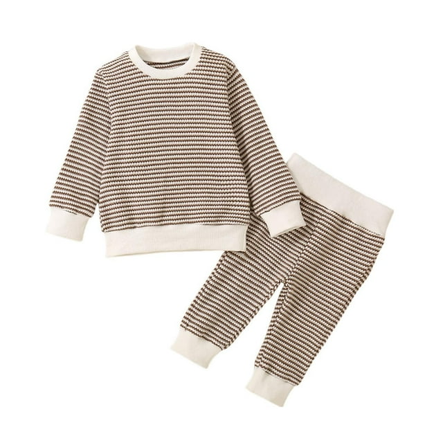 AherBiu Vêtements pour Bébé Garçon Automne à Rayures Manches Longues Col Ras du Cou Chandail à Enfiler Hauts avec Pantalons Ensembles Unisexes pour Tout-Petit