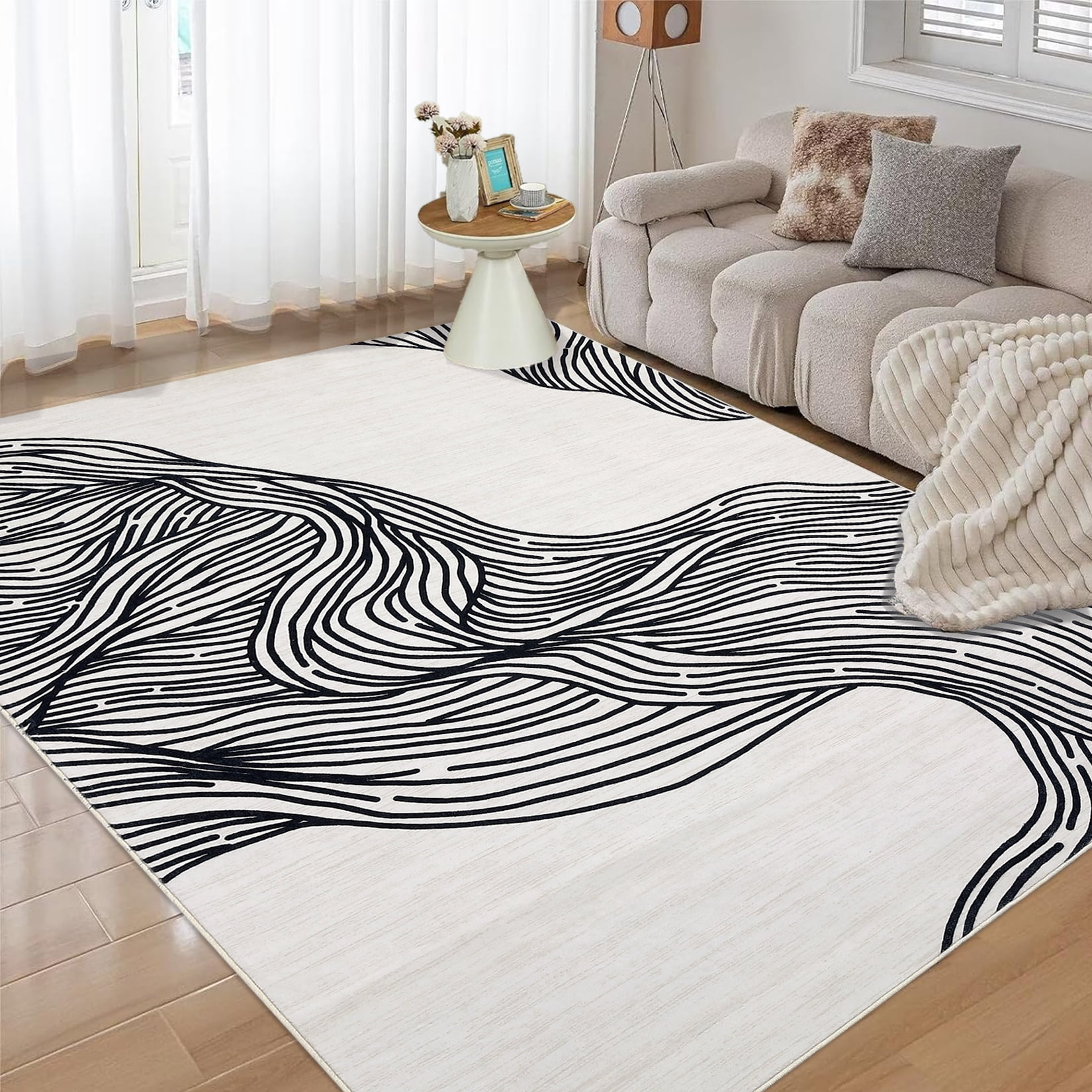 COZONY 10x13 Area Rug, Modern Abstract Washable Faux Wool Carpet with Non Slip TPR Backing, Low Pile Foldable Rug for Living Room Bedroom, Beige Black