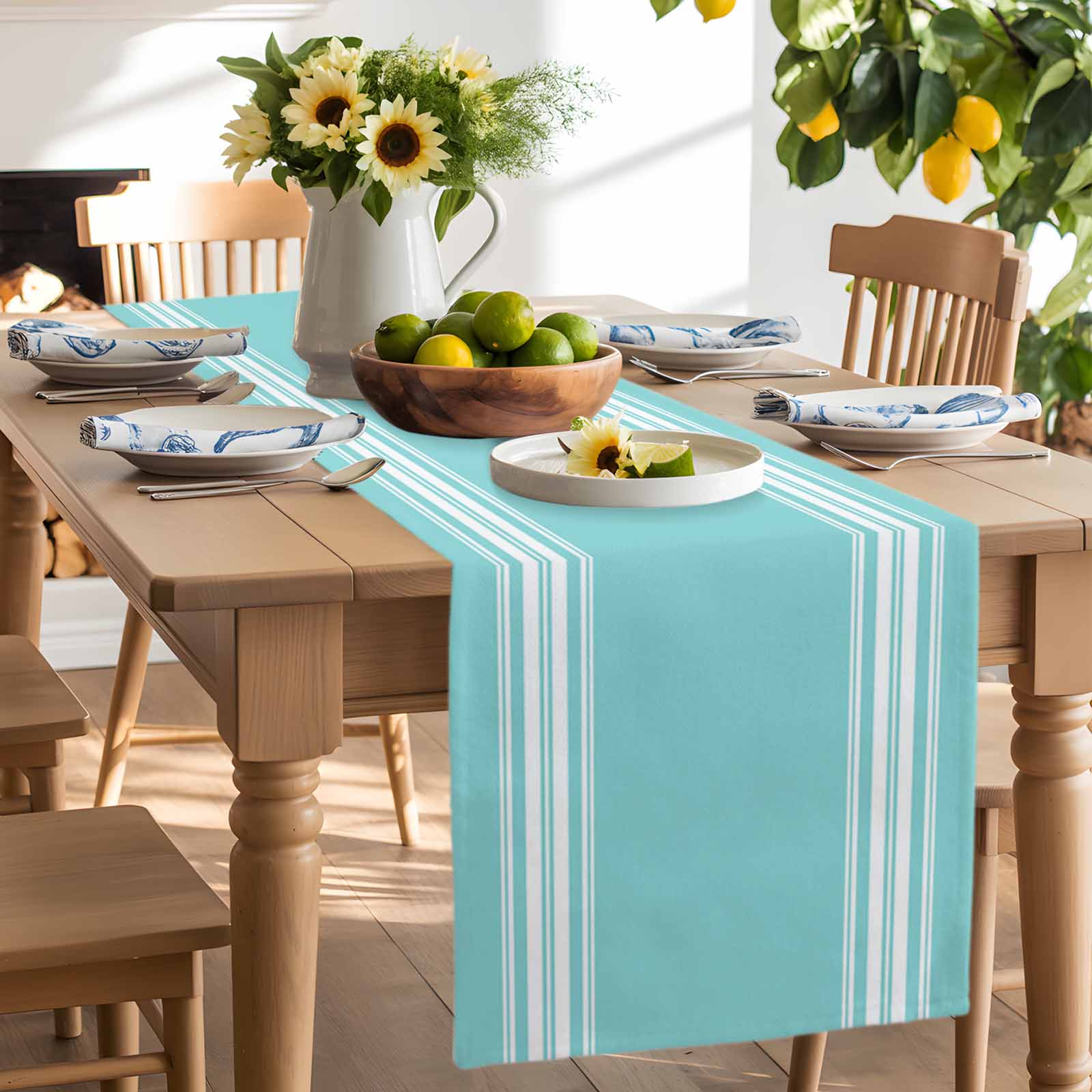 Table Runner Teal Stripes Table Decoration for Kitchen Dinning French Stripe Farmhouse Style Table Decoration for Indoor Outdoor Party Wedding Decor 13x90inch