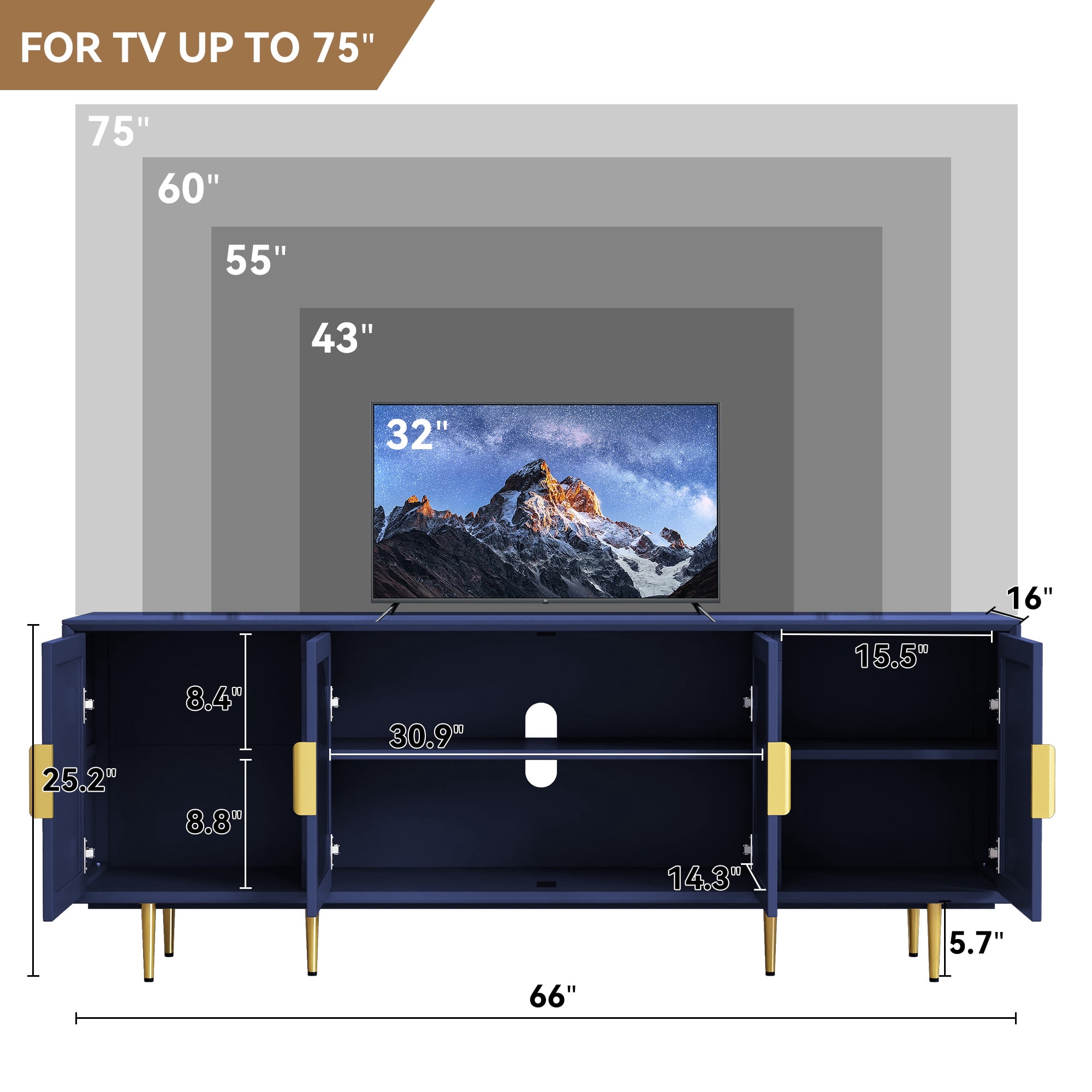 HLR Modern 66" TV Stand, for TVs up to 75", Living Room Entertainment Center with Glass Storage Cabinet, Blue