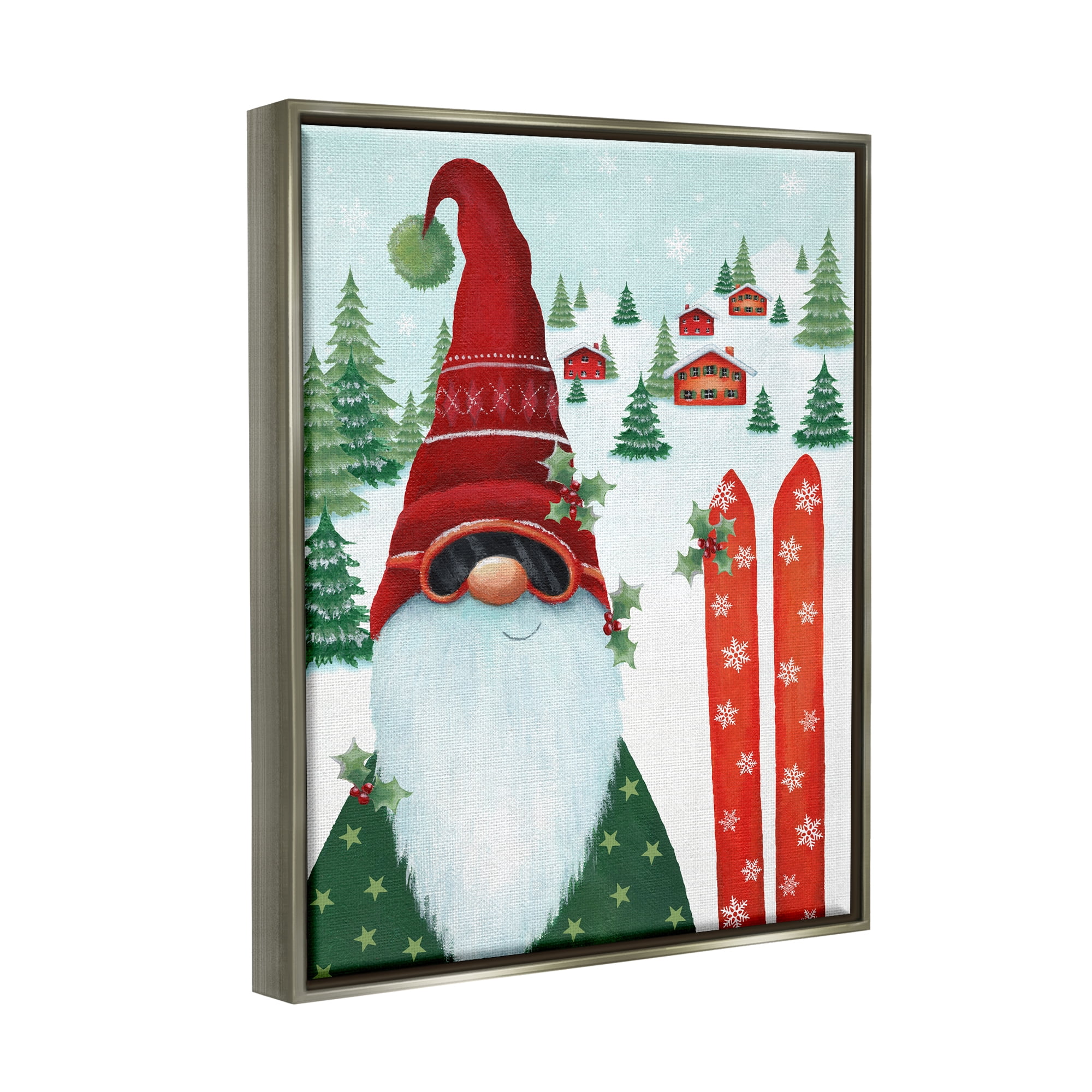 Stupell Industries Gnome Skiing Winter Slopes Holiday Painting Gray Floater Framed Canvas Art Print Wall Art, 25 x 31