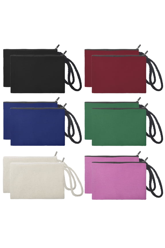 12-Pack 100% Cotton Canvas Zipper Pouches Mixed, Party Favor Bags 6 3/4 x 4 3/4 Inches