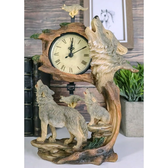 Ebros Howling Gray Wolves Family Table Clock with Pendulum 10.5" Height Decor