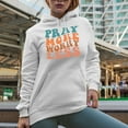 thumbnail image 2 of Pray More, Worry Less, Inspirational Quote About Prayer, Groovy Retro Wavy Text Merch Gift, White Hooded Sweatshirt or Hoodie, Small, 2 of 5