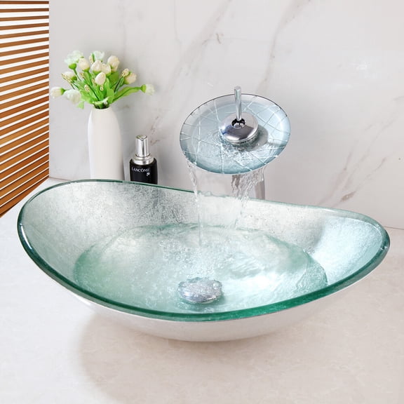 Oval Bathroom Sink Silver Tempered Glass Basin Mixer Waterfall Pop Up Drain Tap