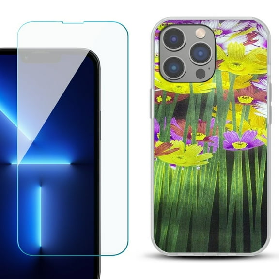 Slim-Fit Gel TPU Phone Case for iPhone 14 Pro Max, with Tempered Glass Screen Protector, by OneToughShield ® - Dream Flower