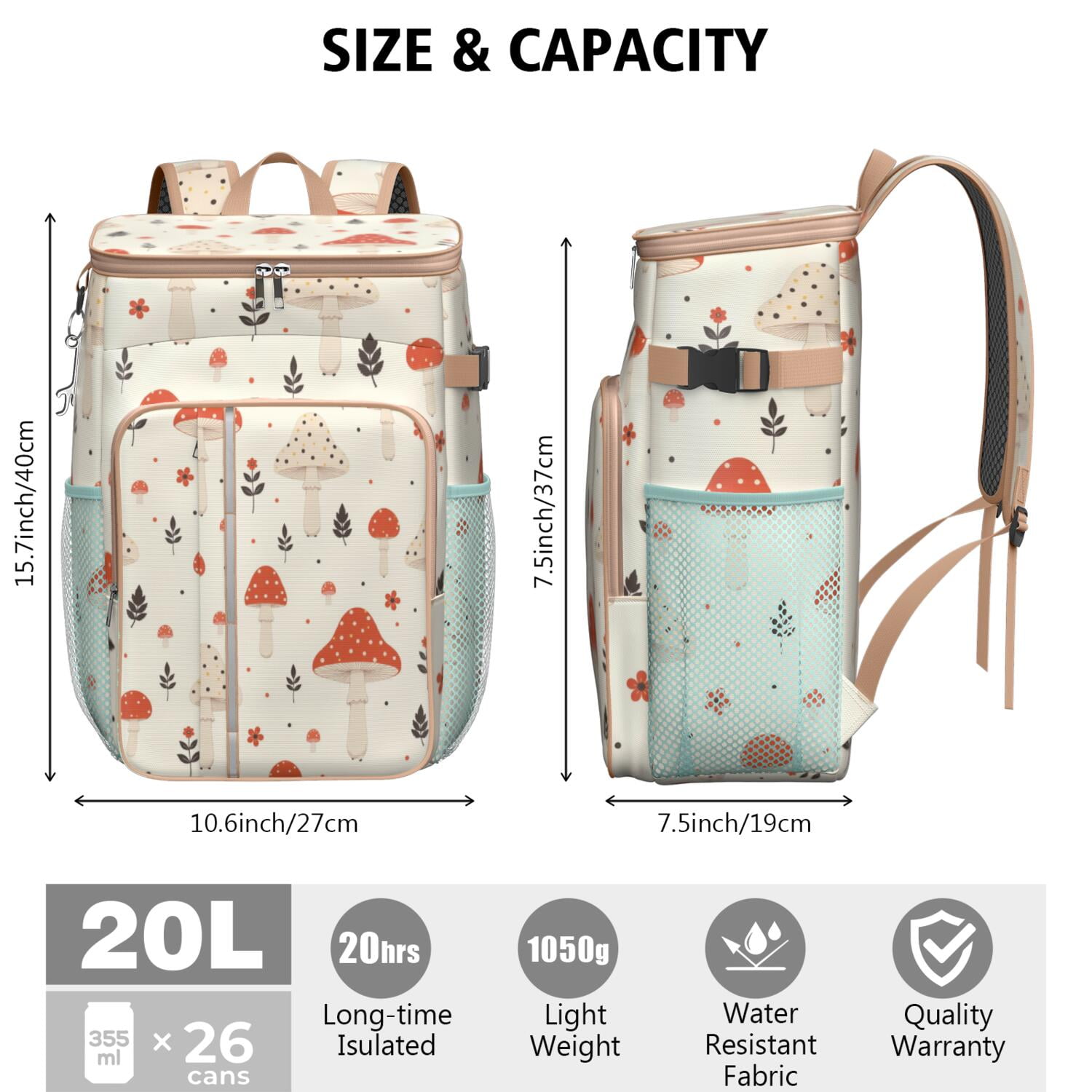 Cooler Backpack 26 Cans Insulated Backpack Cooler for Men & Women,Mushroom Drink Beverage Beer Bag Cooler for Road Trips