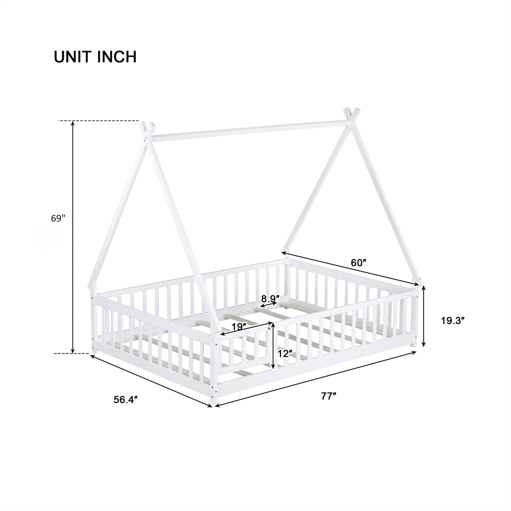 Miniyam Full Size Teepee Tent Floor Bed with Guardrails and Lockable Door, Wooden Montessori Bed with Slats for Kids Bedroom, White