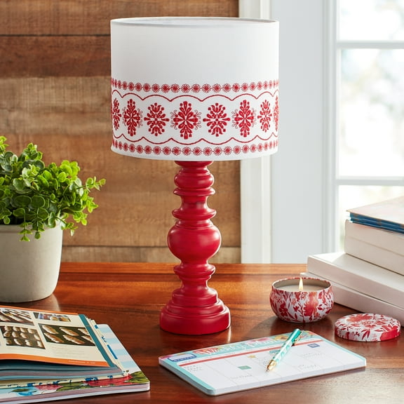 The Pioneer Woman Turned Table Lamp with White Eyelet Linen Shade, Red