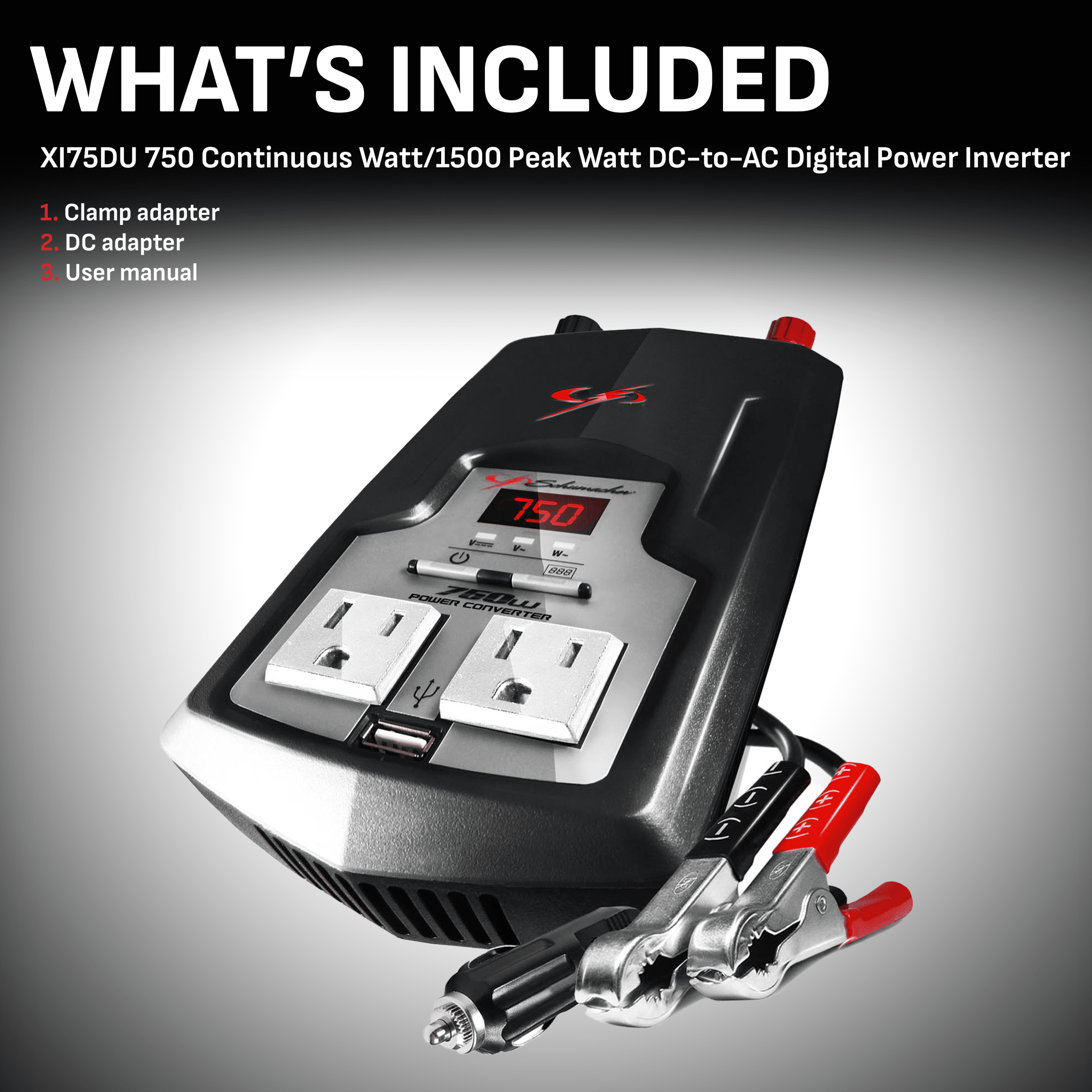 Schumacher Electric 750 Continuous Watt, 1500 Peak Watt Car Battery Power Inverter/Converter, DC to AC Digital Power and USB Port, XI75DU