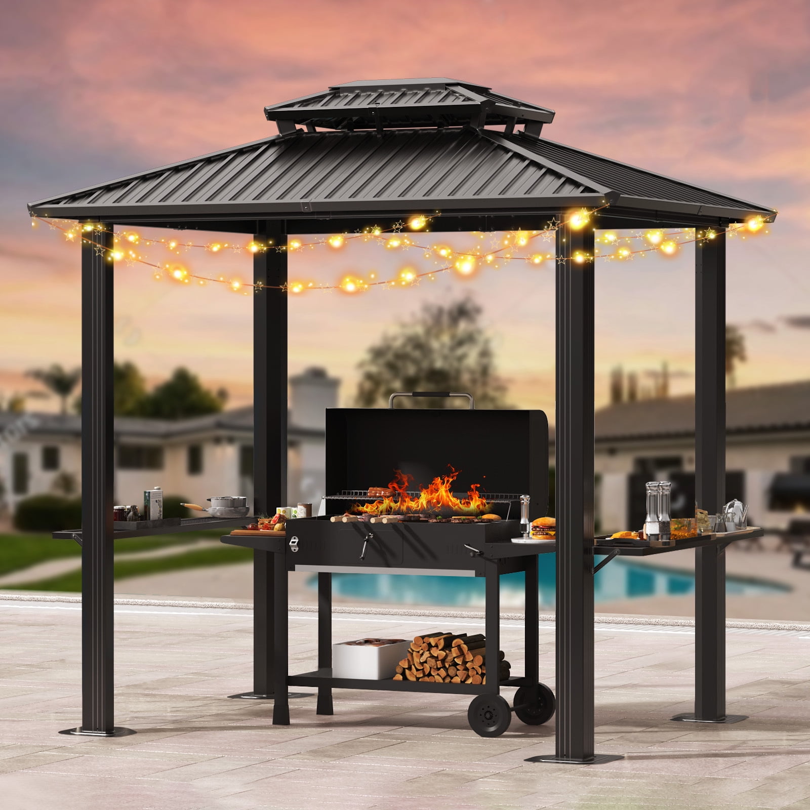 COBIZI 6'x8' Hardtop Grill Gazebo for Patio Double Galvanized Steel Roof with 2 Side Shelves Outside Sun Shade Outdoor BBQ Gazebo Canopy, Black