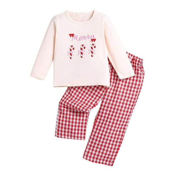 Afdoent Girls Clothes Fashion Girls Christmas Two Piece Candy Cane Embroidered Top With Red White Plaid Trousers Festive Holiday Party Outfit For Toddler Kids 6-12 Months