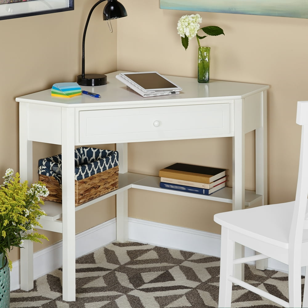 Corner Writing Desk with Pullout Drawer and Shelf, Multiple Finishes