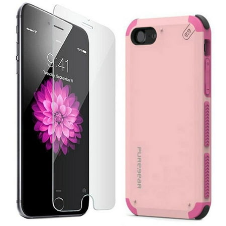 Case for iPhone 8 Plus, PureGear [Soft Pink] Dualtek Extreme Rugged Military Tested Cover [with BONUS Tempered Glass Screen Protector] for Apple iPhone 7 Plus, iPhone 8 Plus