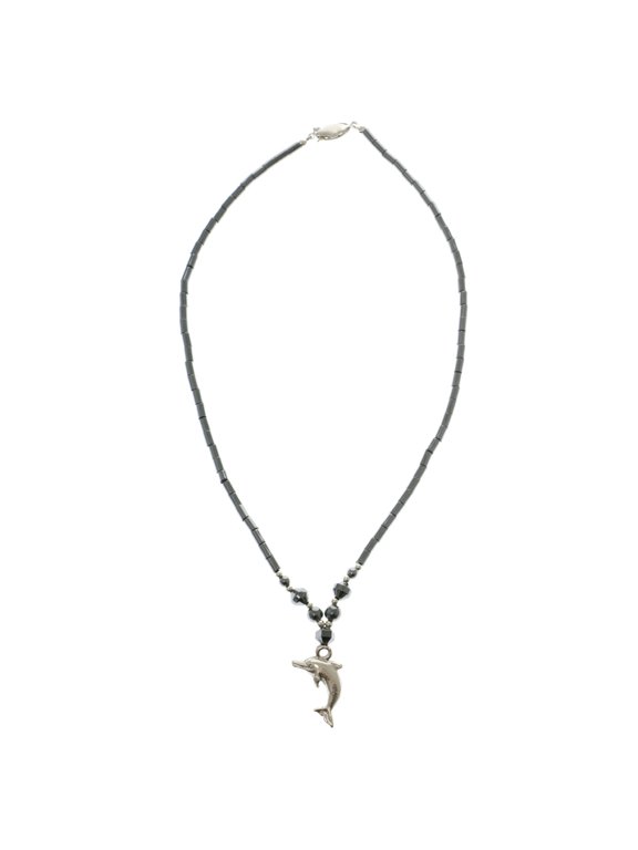 Beaded Hematite Necklace With Silver-Tone Dolphin Charm HN04
