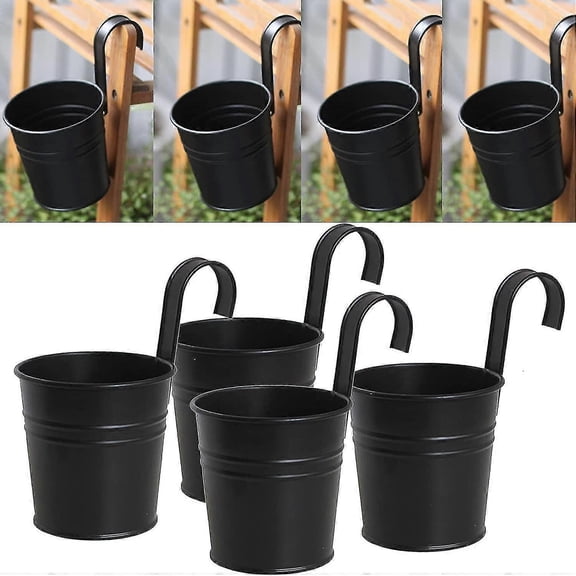 Set Of 4 Black Iron Hanging Planter Pots With Detachable Hook For Outdoor Indoor Or Outdoor
