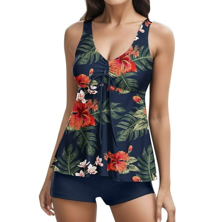 Women Swimsuits Floral Print Tank Top with Boyshorts Swimming Red Bathing Suits for Women M