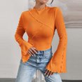 thumbnail image 3 of gbyLJF Women's Mock Neck Shirts Solid Color Long Sleeve Pullover Tops Casual Slim Fit Flare Sleeve Shirt Tops, 3 of 7