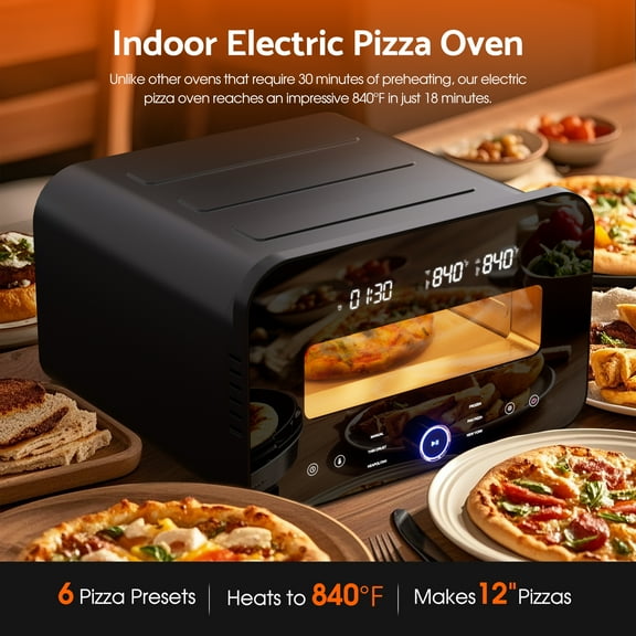 Advwin Indoor Electric Pizza Oven for 12" Pizzas, 840°F Countertop Pizza Maker with 6 Cooking Programs, Stainless Steel Design, Includes Pizza Stone & Peel