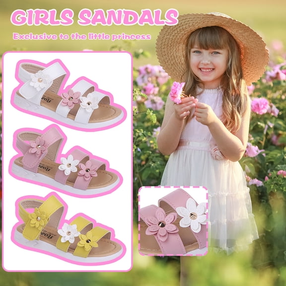 RTKFRFLM Girls Soft Sole Sandals Floral Decor Magic Tape Princess Dress Shoes White 18-24 Months