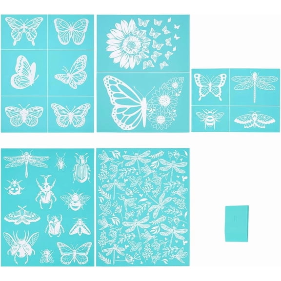 5pcs Self-Adhesive Silk Screen Printing Stencil Insect Theme Silk Screen Stencil Butterfly Dragonfly Stencils Ladybug Reusable Mesh Transfer with 1pc Scraper