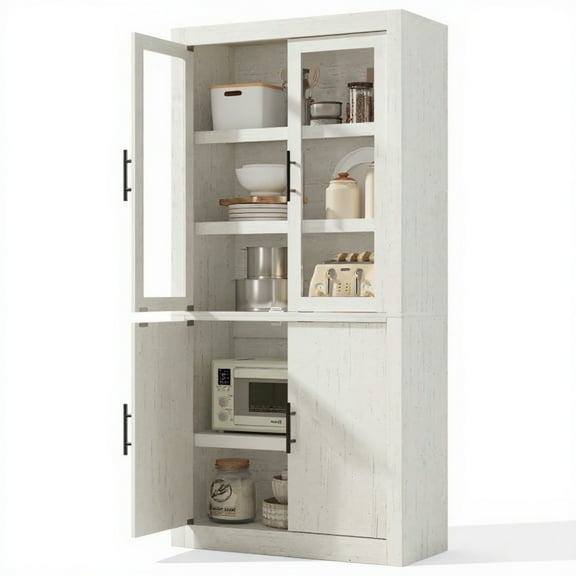 Garvee Farmhouse Pantry Cabinet, 2 Glass Doors & 2 Wood Doors, 30 x 14.5 x 70.4", White