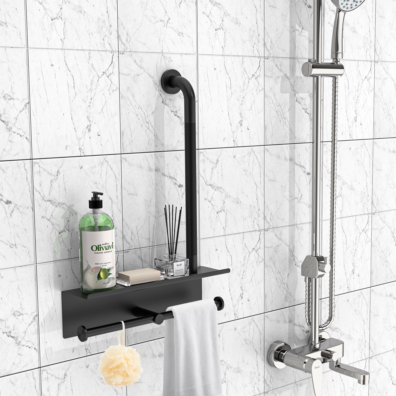 Bathroom Grab Bar with Shower Shelves, ZUEXT Black Toilet Paper Holder 3 in 1 Bathroom Organizers and Storage, Anti Slip Stainless Steel Safety Hand Rail for Handicap Elderly Senior Assist