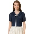 thumbnail image 1 of Allegra K Blusa Informal De Manga Corta Con Escote Plisado Y Lazo para Mujer Azul oscuro S, 1 of 4