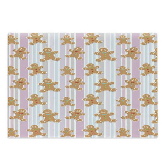 Gingerbread Man Cutting Board, Pattern with Pastel Colored Striped Backdrop Bakery Xmas Goodies, Decorative Tempered Glass Cutting and Serving Board, Large Size, Multicolor, by Ambesonne