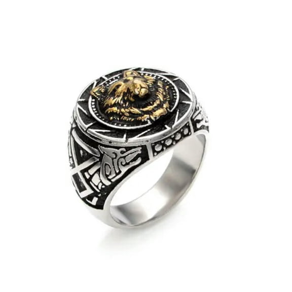 HOOUN Vintage Viking Wolf Head Ring Stainless Steel Men's Biker Punk Ring Silver Gold-7