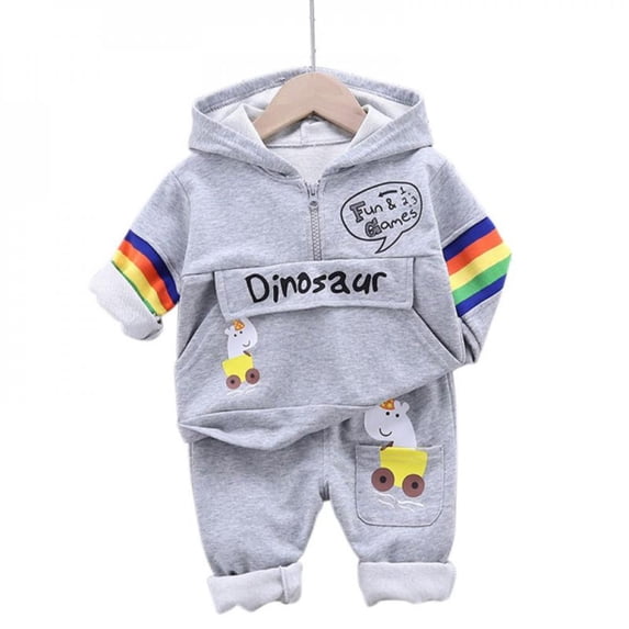 Spring New Boys Girls Clothes Set With Letters Dinosaur Pattern Hooded Long-Sleeved Trousers Two-Piece Children'S Jumpsuit