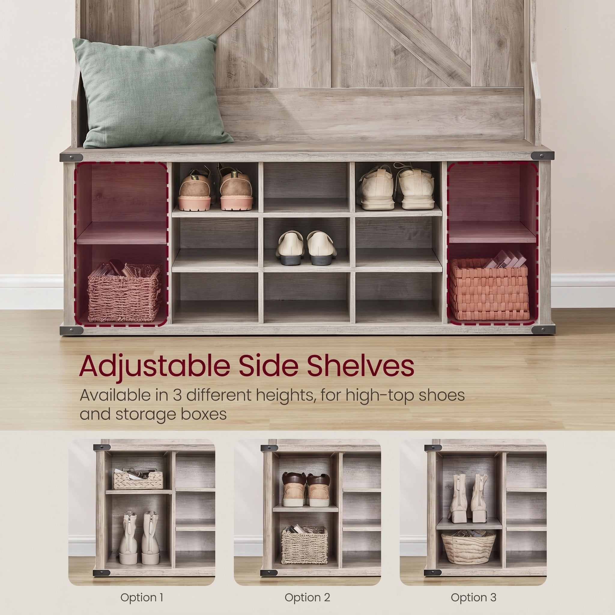 Nordic Hygge Farmhouse Hall Tree with 16-Compartment Shoe Storage & Bench, Heather Greige