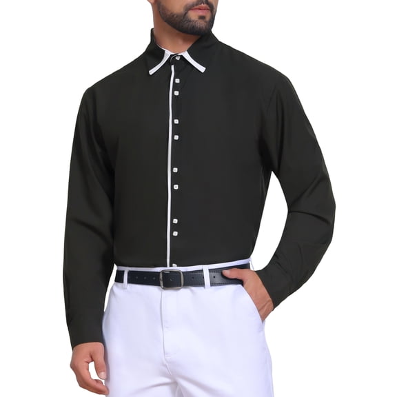 INSPIRE CHIC Men's Contrast Trim Long Sleeve Button Down Office Formal Shirts S Black
