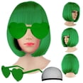 thumbnail image 1 of LIULIUBTY Pelucas de pelo corto Bob rectas con flequillo plano sintético colorido Cosplay fiesta diaria peluca de neón para mujeres con gorro de peluca 12 pulgadas natural como real (Bob verde), 1 of 5
