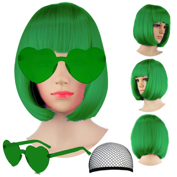 LIULIUBTY Pelucas de pelo corto Bob rectas con flequillo plano sintético colorido Cosplay fiesta diaria peluca de neón para mujeres con gorro de peluca 12 pulgadas natural como real (Bob verde)