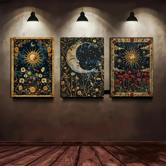3pcs/set frameless retro crescent moon and sun plant design canvas printing beautiful floral and celestial theme landscape picture wall art poster for modern living room bedroom dormitory and home d