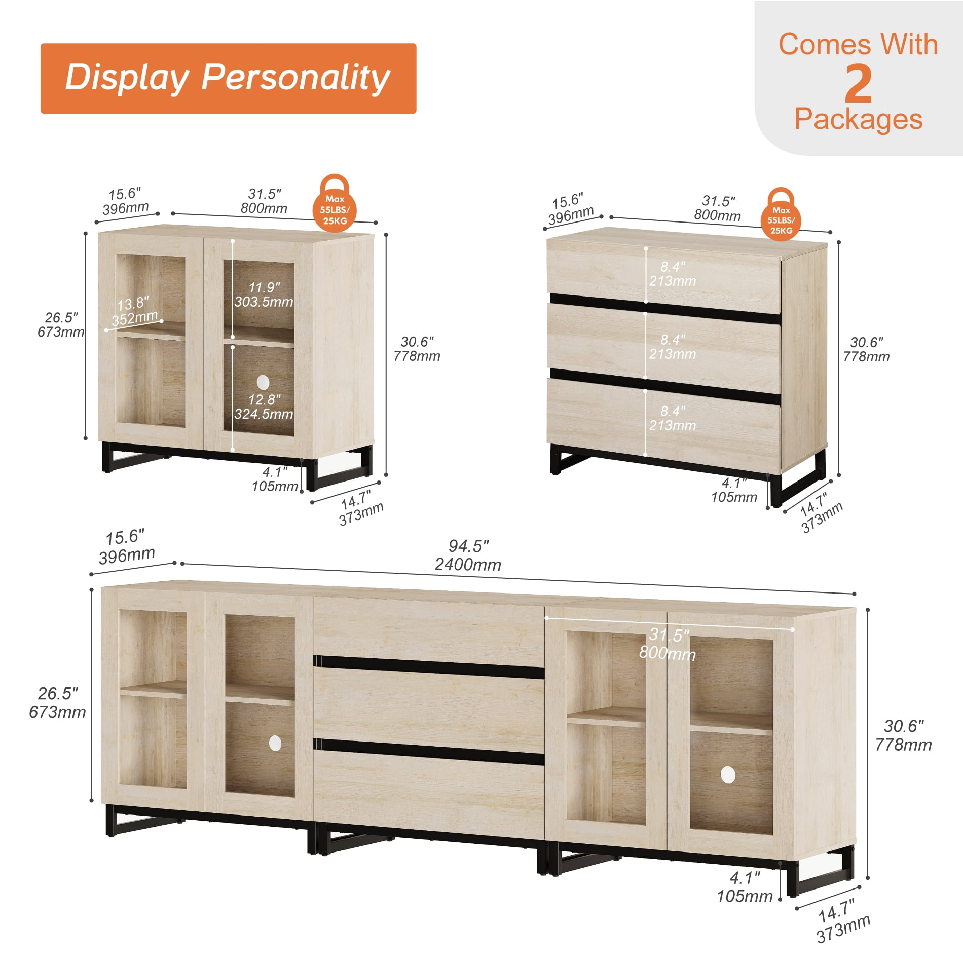 3 In 1 Modern Sideboard With Glass Doors And 3 Drawers,Storage Cabinet With Adjustable Shelves for Living Room, Kitchen,Beige