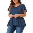 thumbnail image 4 of Agnes Orinda Women's Plus Size St. Patrick's Day Tops V Neck Ruffle Sleeve Pleated Peplum Blouse 1X Navy Blue, 4 of 6
