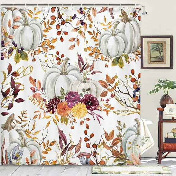 Fall Boho Pumpkins Shower Curtain For Bathroom, Watercolor Floral Leaves Rustic Fall Thanksgiving Harvest Farmhouse Fabric Shower Curtain Set Bathtubs Curtain with 12PCS Hooks 70"X70"