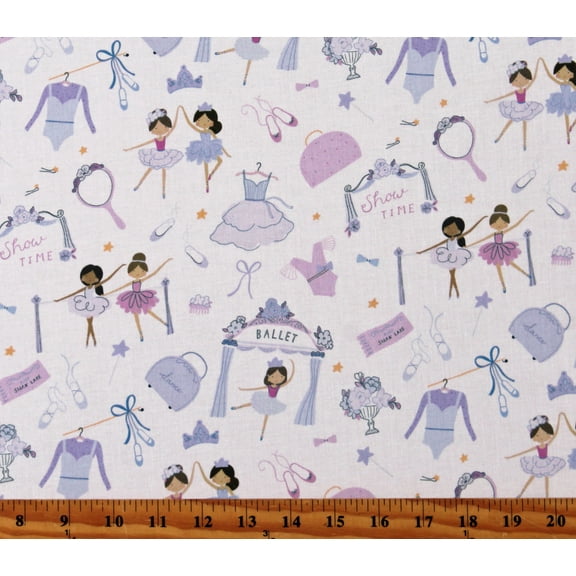 Cotton Life Behind Barres Ballerinas Ballet Dancing Kids White Cotton Fabric Print by the Yard (STELLA-D2624-WHITE)